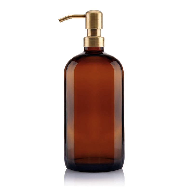 1 Litre Amber Glass Boston Soap Dispenser with Brass Pump