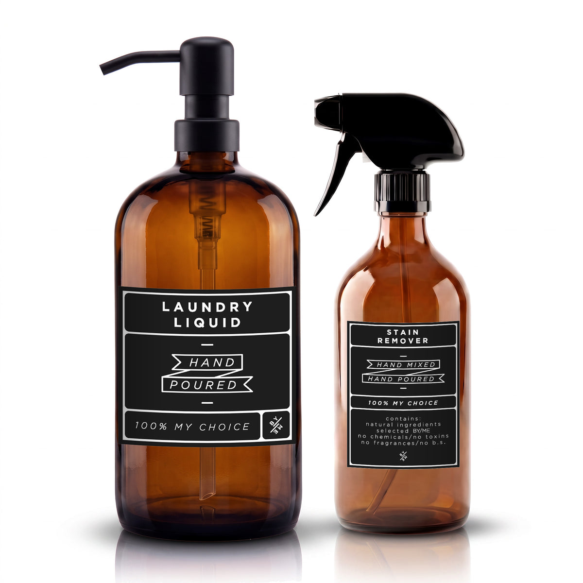 Amber Glass Liquid Laundry Bottle Set (1L + 500ml) with Cling Static Labels