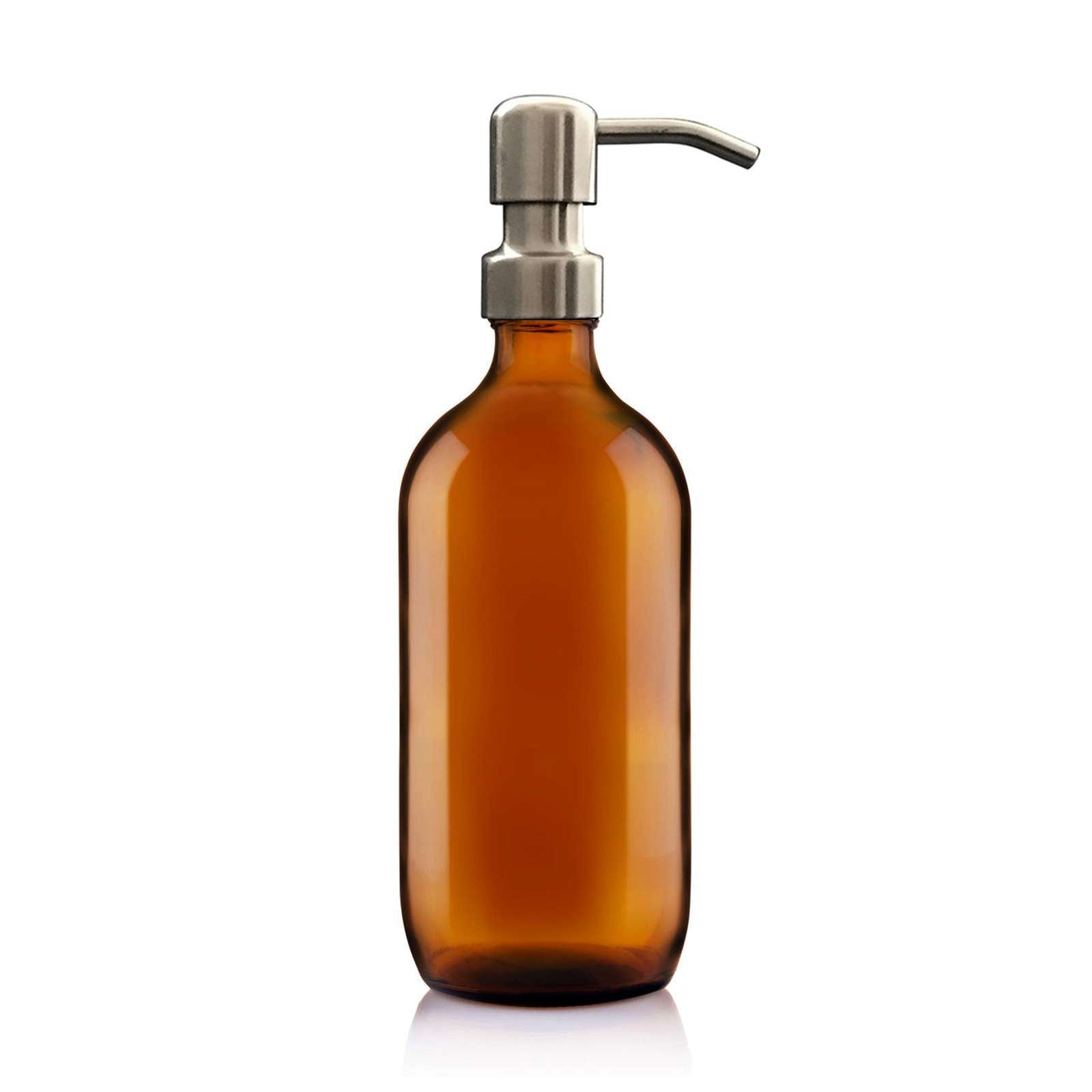 500ml Amber Glass Soap Dispenser Brushed Stainless Steel Pump image 0
