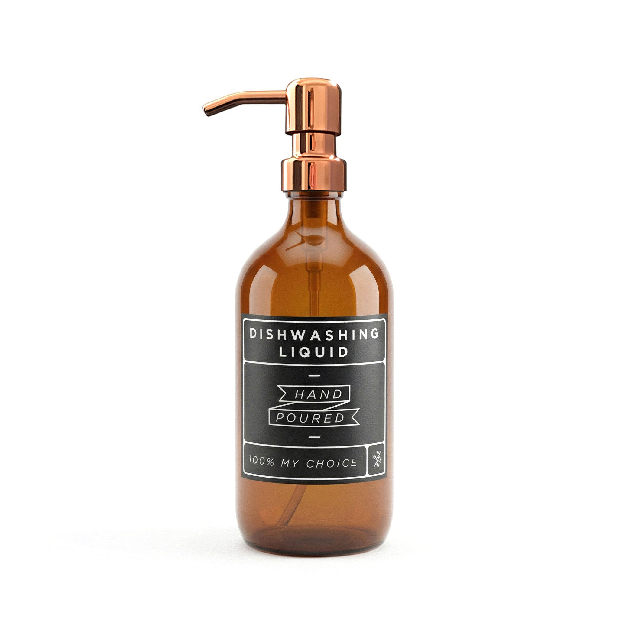Amber Glass Dishwashing Soap Dispenser Bottle with Rose Gold Pump - 500mls