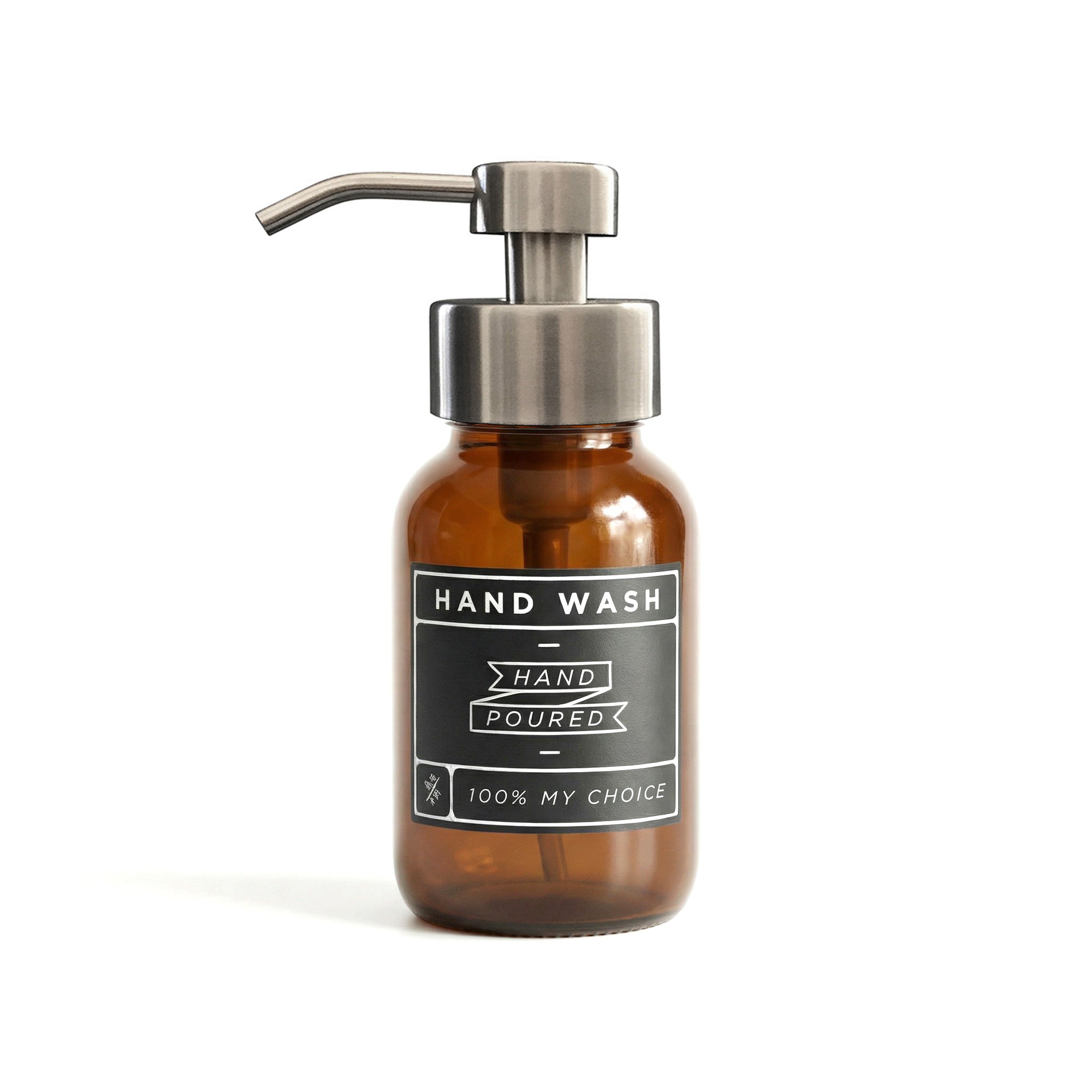 Amber Glass Foaming Soap Dispenser with Brushed Stainless Steel Pump & Decal